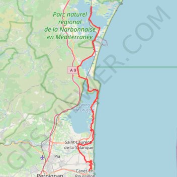 Itinéraire 🚴 Trace du Canal de la Robine a Sainte-Marie-la-Mer, distance, dénivelé, altitude, carte, profil, trace GPS