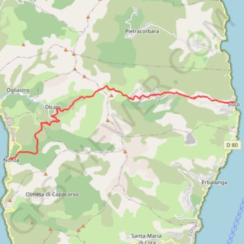 Itinéraire Cap corse Nonza à Sisco, distance, dénivelé, altitude, carte, profil, trace GPS