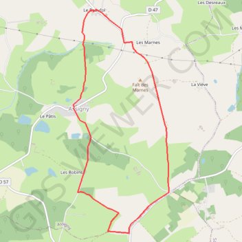 Itinéraire Le fait des marnes d'Assigny, distance, dénivelé, altitude, carte, profil, trace GPS