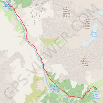 Itinéraire Refuge Temple Ecrins depuis La Bérarde, distance, dénivelé, altitude, carte, profil, trace GPS