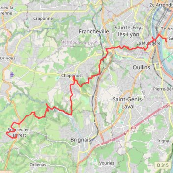Itinéraire Soucieu-Lyon, distance, dénivelé, altitude, carte, profil, trace GPS