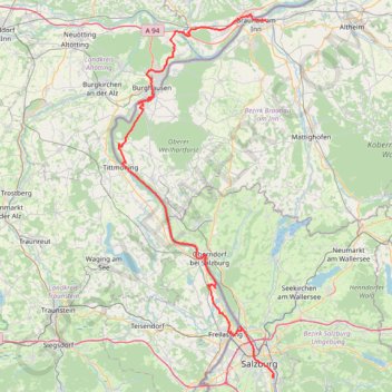 Itinéraire Salzbourg Braunau, distance, dénivelé, altitude, carte, profil, trace GPS