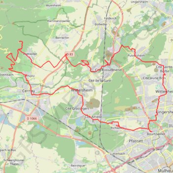 Itinéraire Mulhouse - Uffoltz - Hirtz - Staffelfelden - Mulhouse, distance, dénivelé, altitude, carte, profil, trace GPS